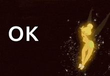 tinkerbell from tinkerbell is dancing in the dark with the word ok behind her .