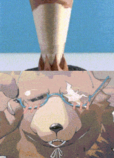 a cartoon drawing of a bear wearing glasses and a straw