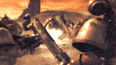 a group of soldiers are fighting with a chainsaw