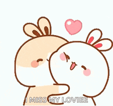 a couple of bunny rabbits hugging each other with a heart .