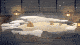 a painting of a snowy area with lanterns