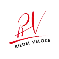 a logo for riedel veloce has a red letter rv on a white background