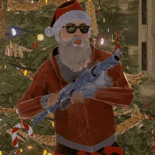 a man in a santa hat is holding a gun and the word natale uno is on the bottom