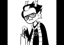 a black and white drawing of a girl with horns and polka dot pants