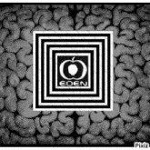 a black and white photo of a square with an apple and the word eden