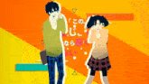 a boy and a girl are standing next to each other in front of a yellow background