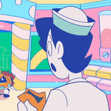 a cartoon drawing of a man wearing a hat