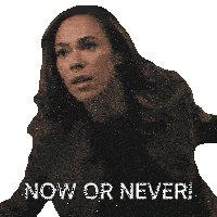 a woman 's face is shown with the words now or never below her