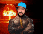 a man with a beard wearing a blue hat and headphones