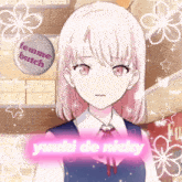 a girl with pink hair and a button that says femme butch on it