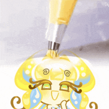 a cartoon drawing of a girl with yellow hair and a smiley face