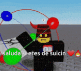 a roblox character with horns and a hat is surrounded by balloons .