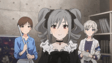 three anime girls are standing next to each other and one is wearing a choker
