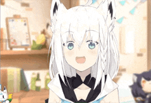 a white haired anime character with blue eyes