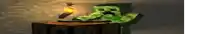a minecraft creeper is holding a torch and standing next to a wooden block .