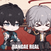 a couple of anime characters sitting next to each other with the words dancae real written on the bottom