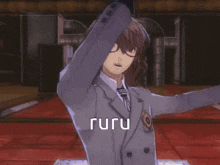 a man in a suit and tie is wearing a badge with the word guru on it