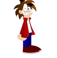 a cartoon character wearing a red jacket and blue pants