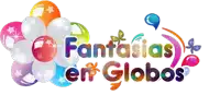 a colorful logo for fantasias em globos with balloons in the background