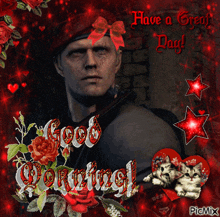 a picture of a man with a bow on his head and the words good morning