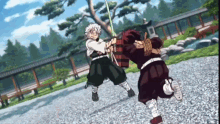 two anime characters fighting with swords in a park