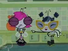 two cartoon characters are standing next to each other with a disney logo behind them