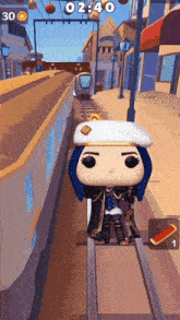 a funko pop figure is standing on a train track in a video game .
