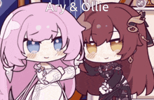 two anime girls are standing next to each other with the words ary and ollie above them