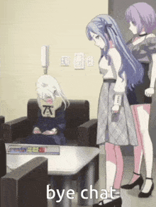 a group of anime girls are standing around a table with the words bye chat written on it