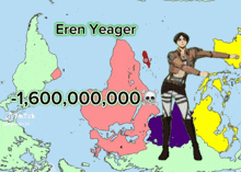 a cartoon drawing of eren yeager standing on a map