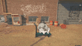a cartoon character is sitting on a cart in front of a brick wall with graffiti on it that says bandit