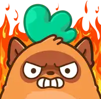 a cartoon drawing of an angry cat with a green flower on its head