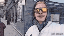 a drawing of a man wearing sunglasses and a hoodie with pop camera written below him
