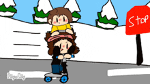 a stop sign is in the background of a cartoon of two kids riding scooters