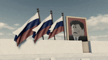 three russian flags and a picture of a man with a sad face behind them