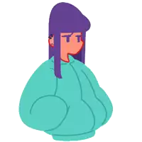 a cartoon drawing of a girl with purple hair and an exclamation point