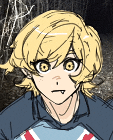 a drawing of a girl with yellow hair and a red white and blue shirt