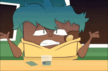 a cartoon character with blue hair is sitting at a table