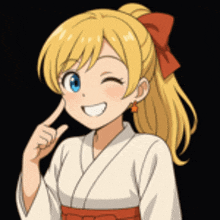 a girl with blonde hair and blue eyes is wearing a white kimono and a red bow .