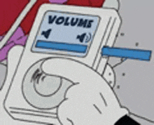 a cartoon hand is holding an ipod with a volume button on it .