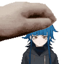 a pixel art of a hand touching a girl 's head with blue hair