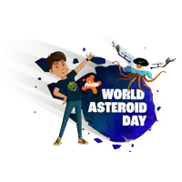 an advertisement for world asteroid day with a boy and a robot