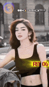 a woman in a black crop top is standing in front of a car with the word rit on the bottom