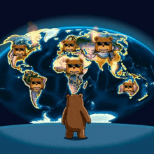 a teddy bear stands in front of a map of the world with bears wearing sunglasses