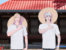 two anime characters standing in front of a house with their hands on their hearts