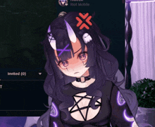 a girl with horns and a pentagram on her chest is sitting in front of riot mobile