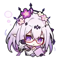 a cartoon drawing of a girl with purple hair and flowers in her hair holding a book .