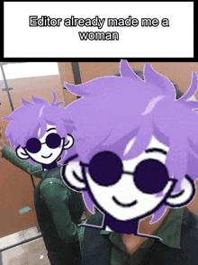 a meme that says editor already made me a woman with purple haired characters