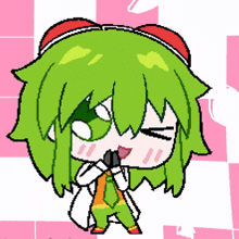 a cartoon character with green hair and a red hat holding a microphone