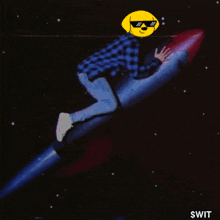 a man in a plaid shirt is riding a rocket